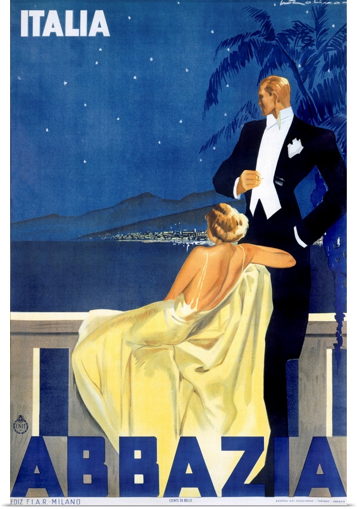 Antique advertising poster showcasing hotel in Venice.  A woman dressed in an evening gown and a man in a tuxedo are stand...