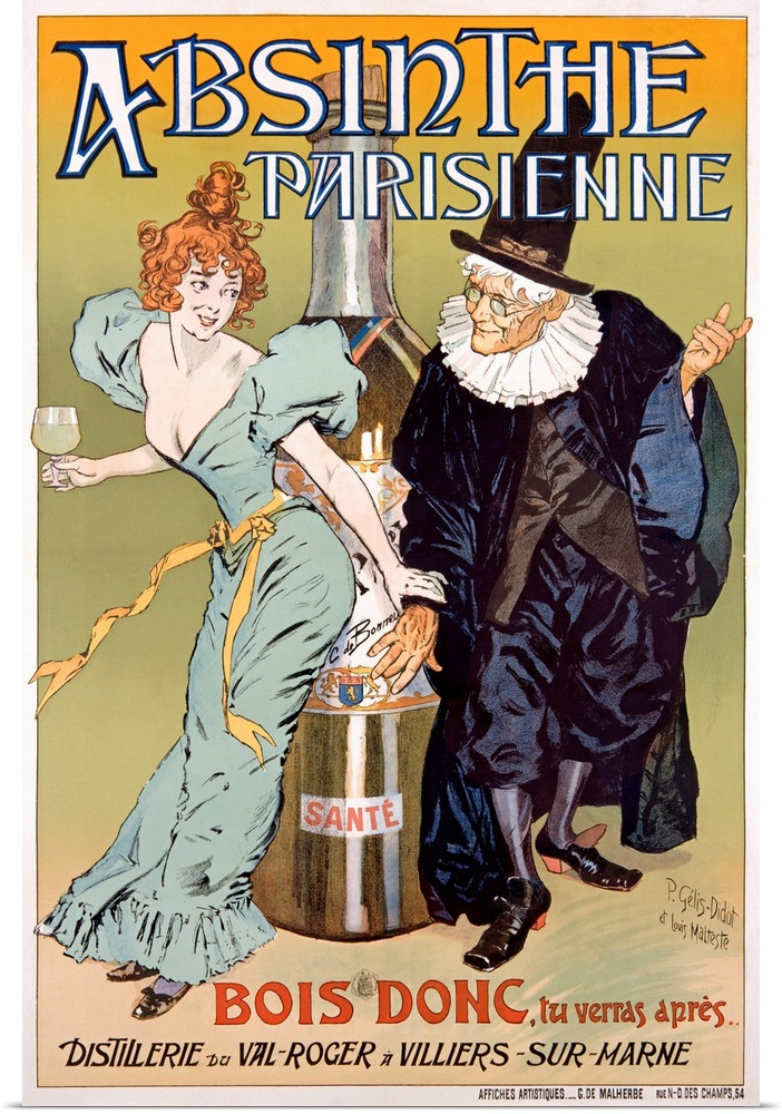 Vertical, large vintage advertisement for Absinthe Parisienne of a young woman in a dress holding a glass in one hand, and...