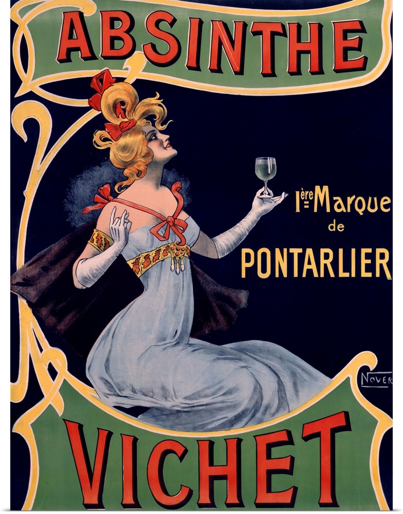 Classic advertisement for Absinthe Vichet featuring a lovely blonde woman in a dress and gloves holding up a glass of the ...