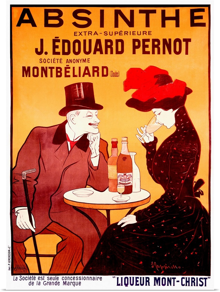 Old advertising poster with a man in a top hat grinning at the lady sipping a glass of wine that is sitting across from him.