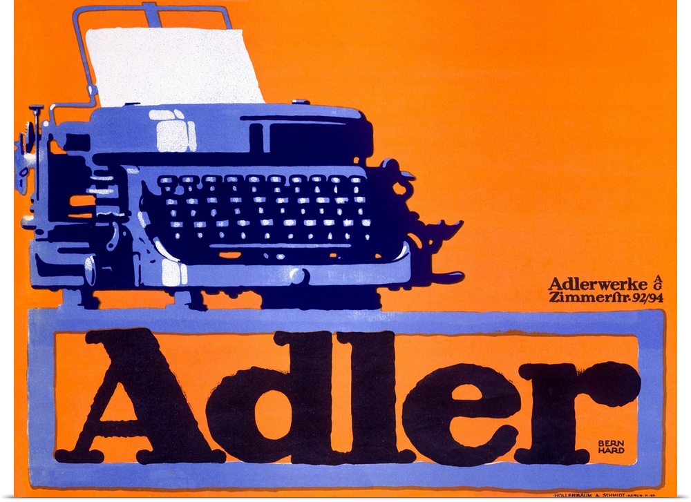 Classic advertisement for Adler Typewriters featuring a typewriter sitting on top of the company name in large print on a ...