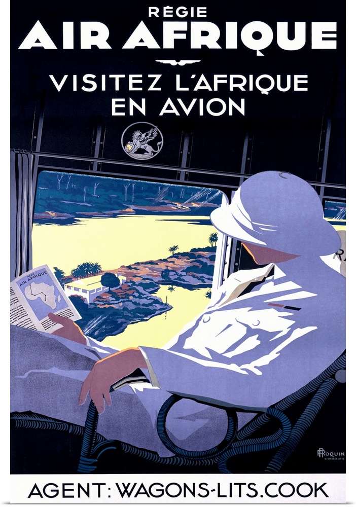 Retro poster on canvas of a man sitting in a plane seat looking out the window at the landscape below.