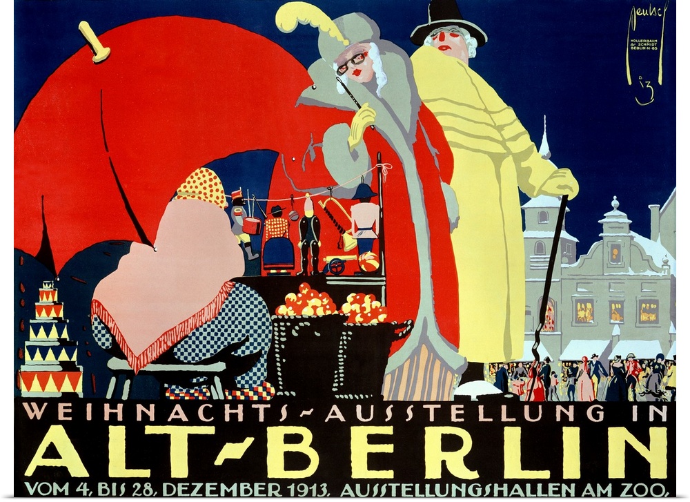 Landscape large vintage advertisement for Alt Berlin, of a man and woman dressed in elegant clothing, browsing upon a merc...