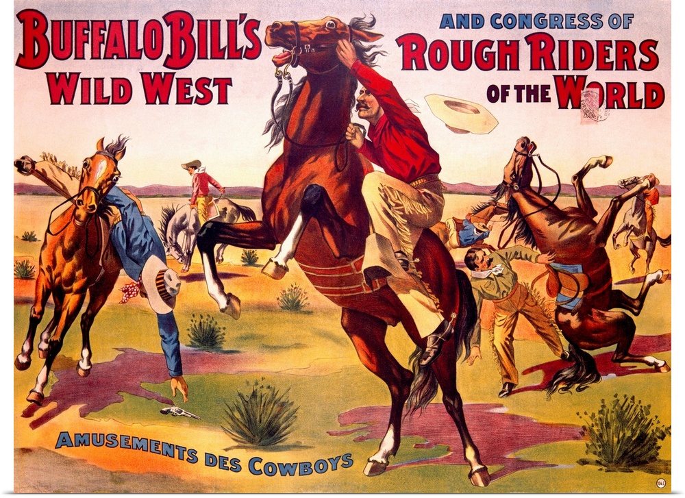 A piece of vintage artwork that has numerous cowboys being thrown off the backs of the horses they are riding. Text is wri...