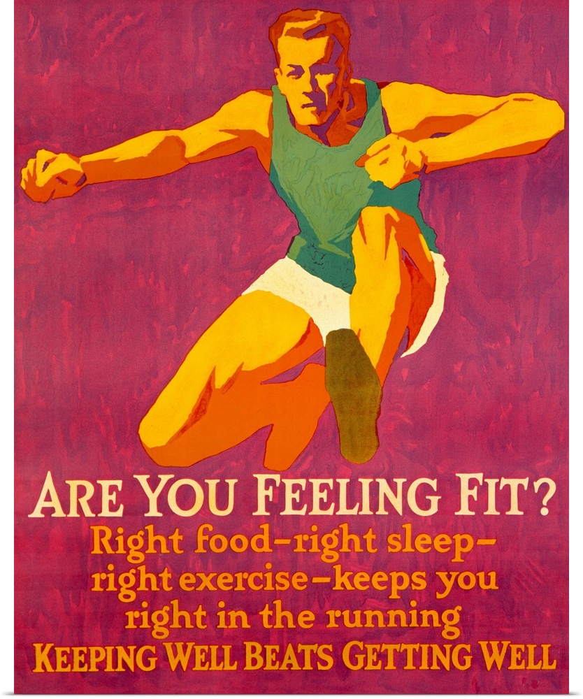 Vintage poster depicting a man in athletic wear jumping over a hurdle. The poster advocates healthy diet and exercise.