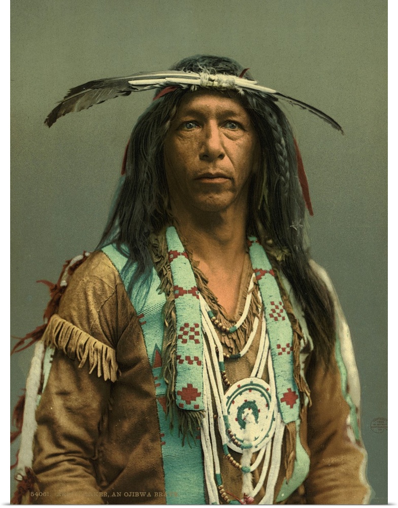 Hand colored photograph of arrow maker, on Ojibwa brave.