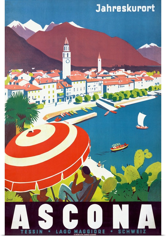 Vintage poster of a woman sitting under an umbrella on a hill that overlooks a body of water with a town just next to it.