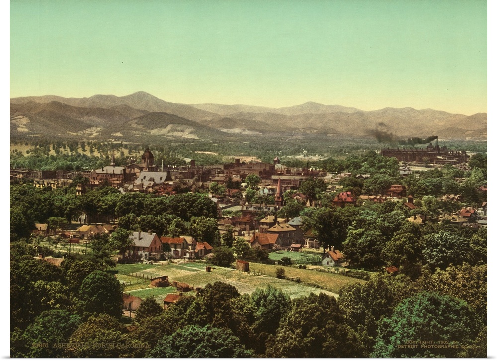 Hand colored photograph of Asheville, North Carolina.