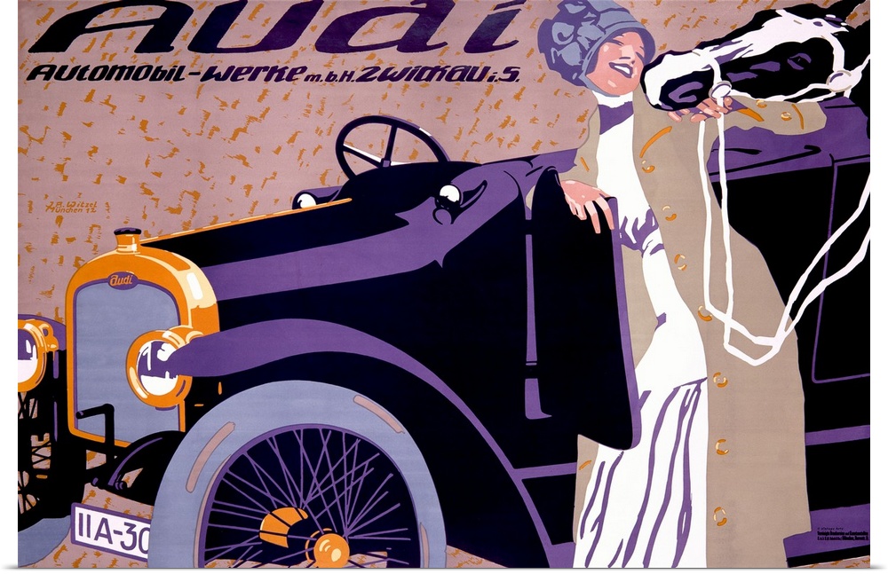 Large, horizontal vintage advertisement for an Audi automobile, of a woman standing next to a car with an open door, while...