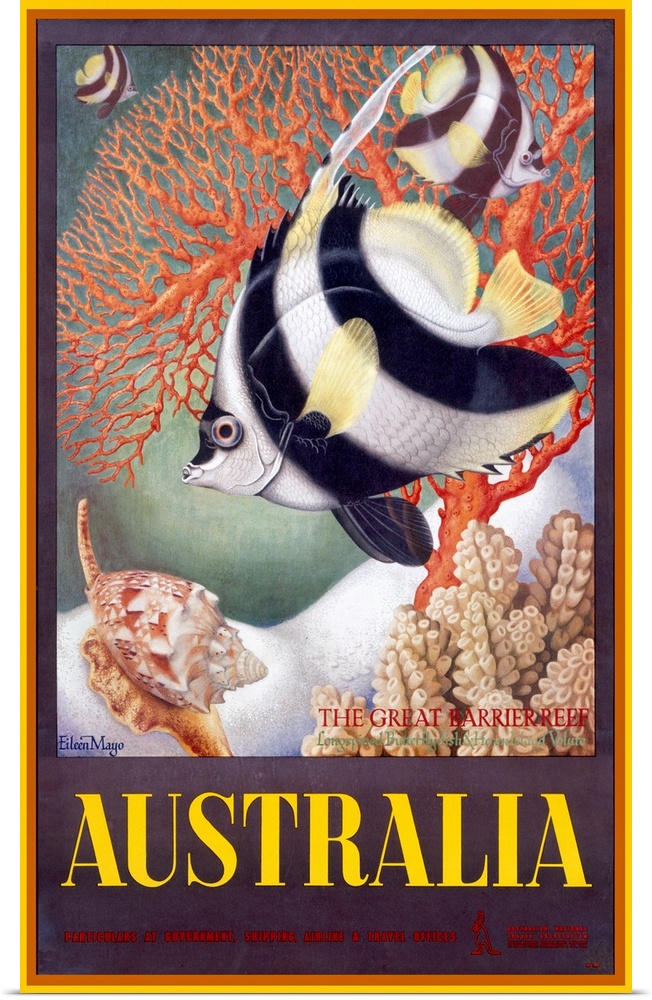 Giant, vertical vintage advertisement for the Great Barrier Reef in Australia of a large tropical fish swimming through co...