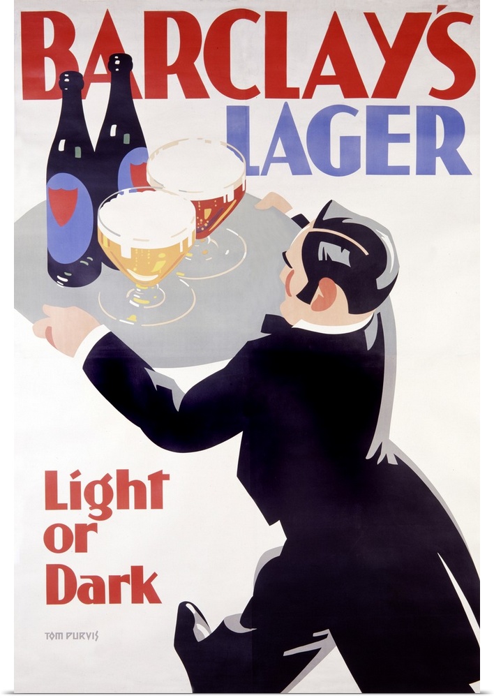 An antique Art Deco advertisement with large blocky text for beer that shows a server in a tuxedo carrying oversized bever...
