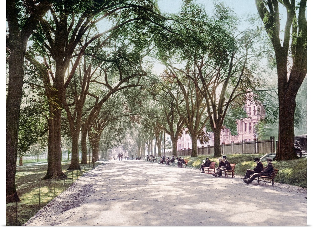 Antiqued photograph on canvas of a park in Boston lined with trees along a path with people sitting on benches.