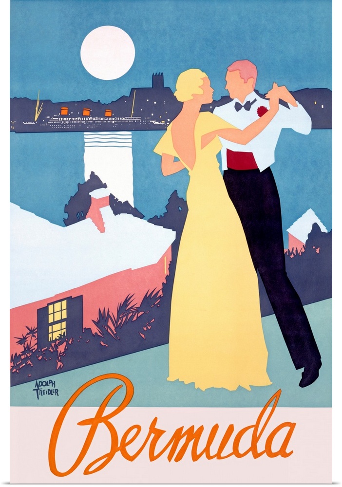 Vintage travel poster for the island of Bermuda with an elegant couple dancing on the shores and a cruise ship docked in p...