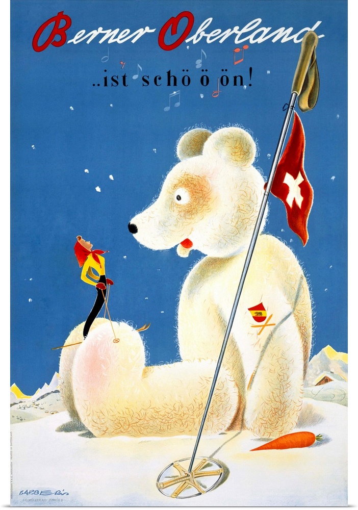 This vintage artwork shows a giant teddy bear sitting in the snow with a skier standing on its foot and looking up toward ...