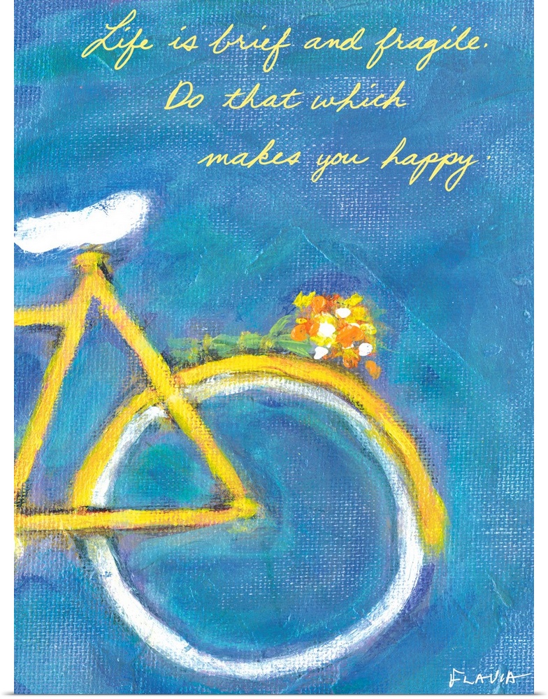 Large painting on canvas of the back of a bike with flowers attached to it.