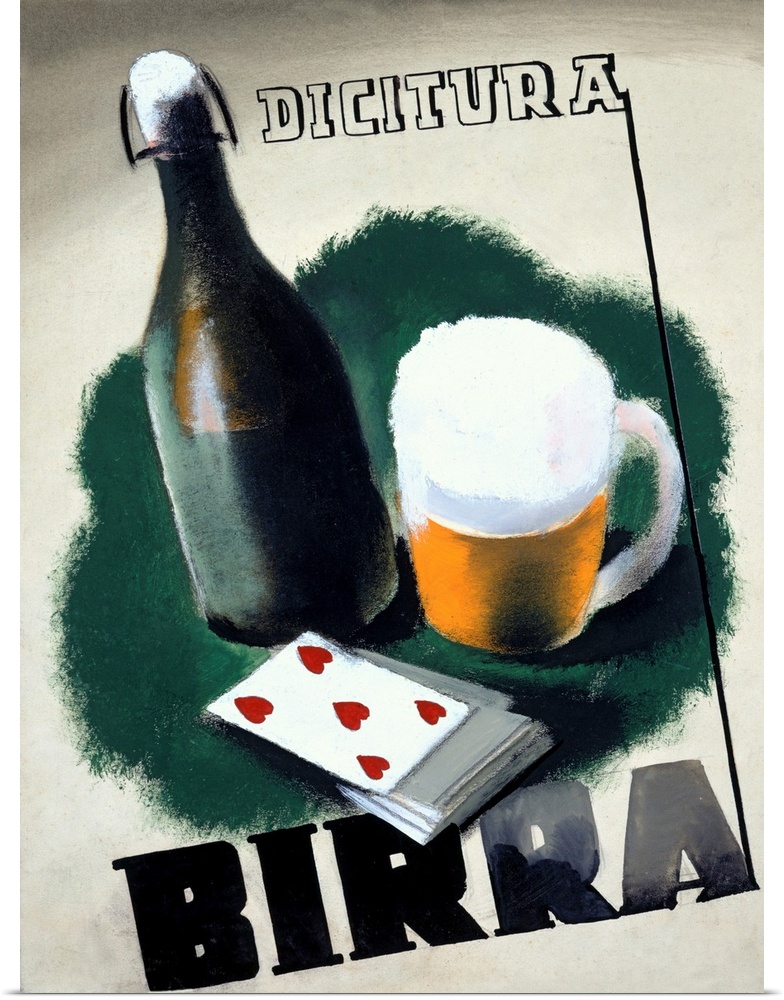 Old advertising poster with glass bottle, cup of beer with foam, playing cards, and the text "Birra."