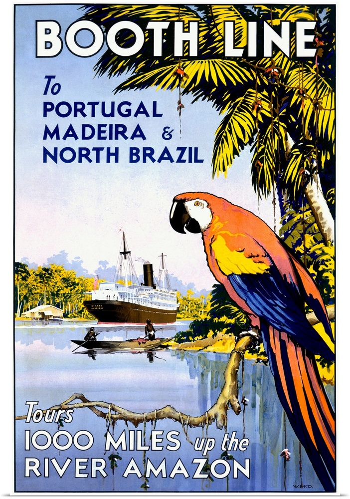 Old advertising poster with a parrot in a palm tree and cruise liner in the distance with the text "To Portugal, Madeira, ...