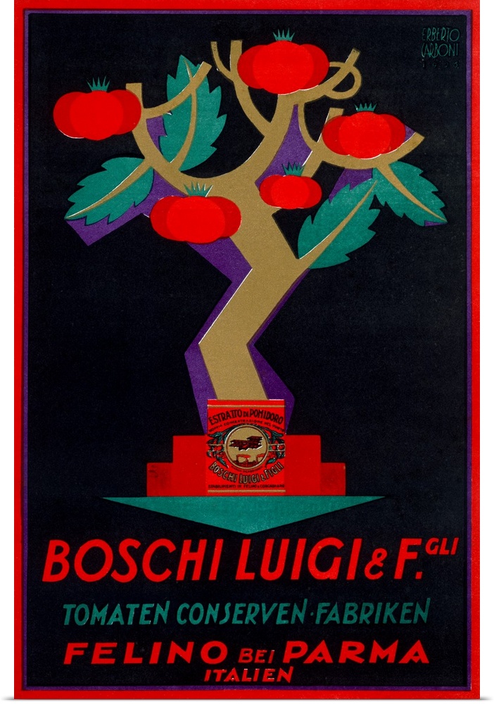 A vintage poster of a tree that is growing tomatoes with a brand sauce at the base and Italian text at the bottom of the p...
