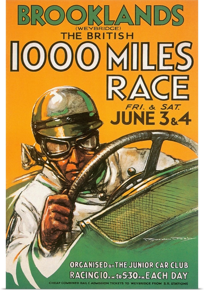 Antique poster of a painting of a man driving a racing car with text advertising a race.