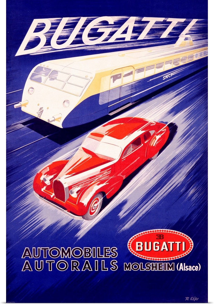 Vintage car advertisement for Bugatti cars of a red car racing a train.