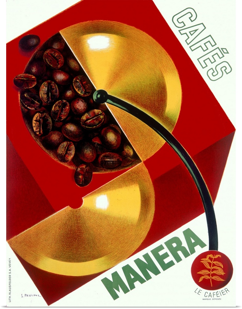 Oversized, vertical, vintage advertisement wall hanging for Cafo Manera of coffee beans in a grinder on a white background.