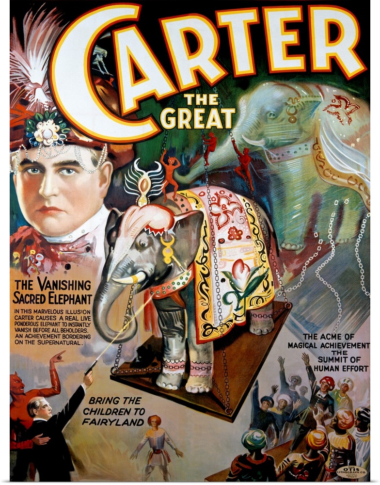 Oversized, portrait, vintage advertisement for "Carter the Great", featuring a portrait of the magicians face wearing a fa...