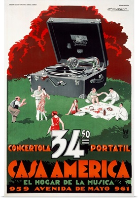 Casa America, Portable Phonograph, Vintage Poster, by Achille Luciano Mauzan