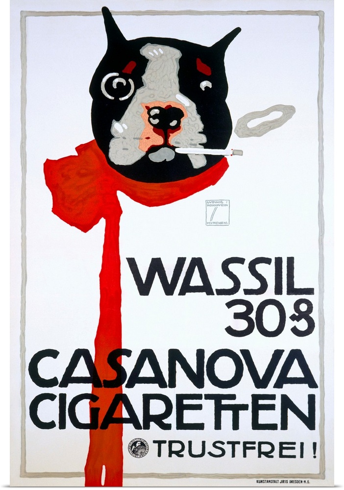 Advertising poster featuring a small dog wearing a red scarf and smoking, with one smoke ring floating away.