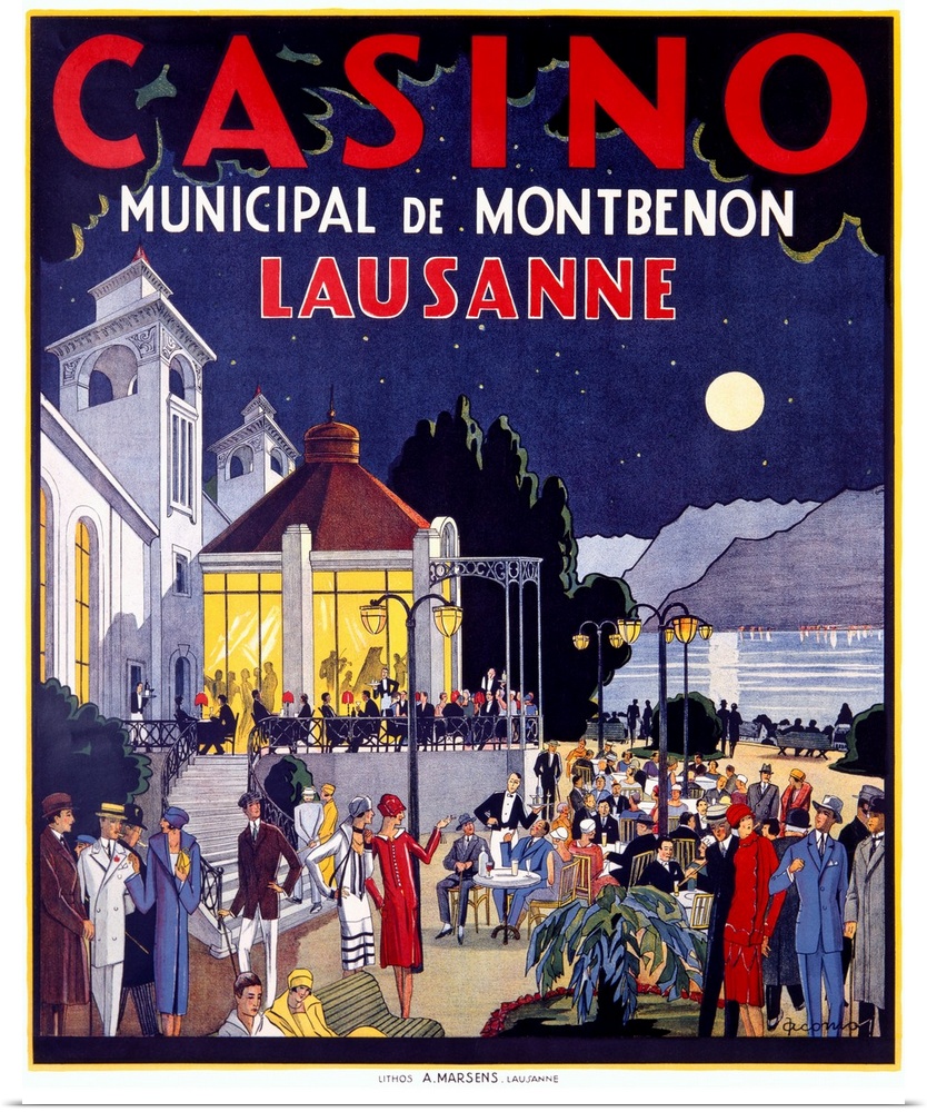 Retro poster on canvas of an advertisement for a casino with a bunch of nicely dressed people standing around outside.