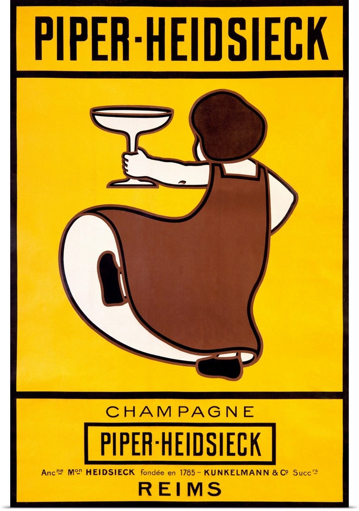 Vintage champagne poster selling Piper-Heidsieck brand with a woman holding a champagne glass dancing.