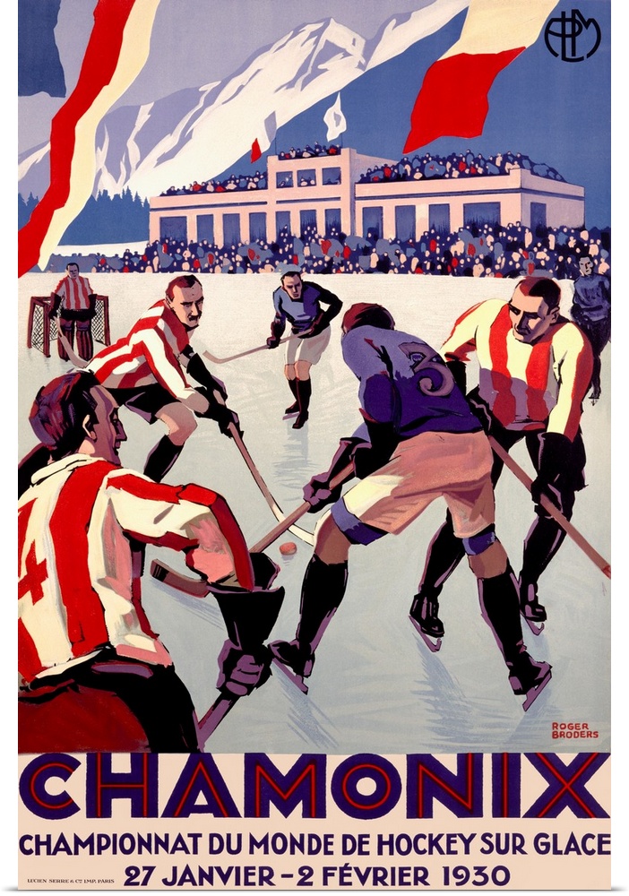 Large, vertical,  Art Deco style, French vintage poster  of Championnat Du Monde De Hockey.  Two teams playing ice hockey ...