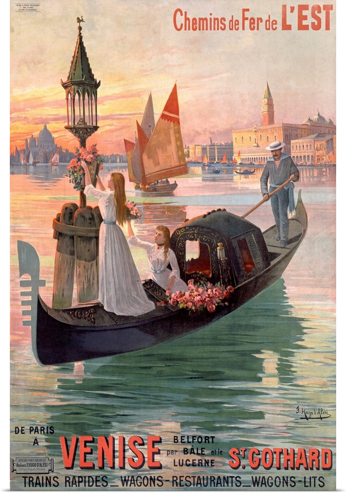 Vintage painting of a gondola in Venice with young ladies standing on the boat decorating the light posts in the canal wat...
