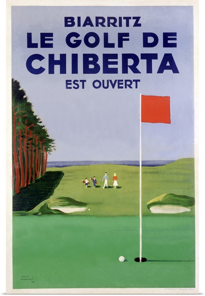 This antique poster advertises scenic costal golf course; the art work has graphic qualities and flat textures and the use...