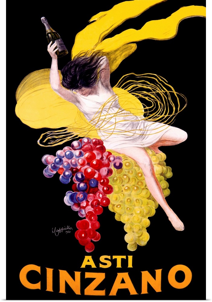 Vintage advertising poster for the Cinzano beverage, featuring a woman in a white dress atop large clusters of ripe red an...