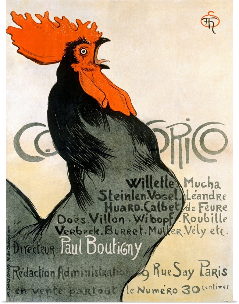 Vintage poster of a black rooster crowing.