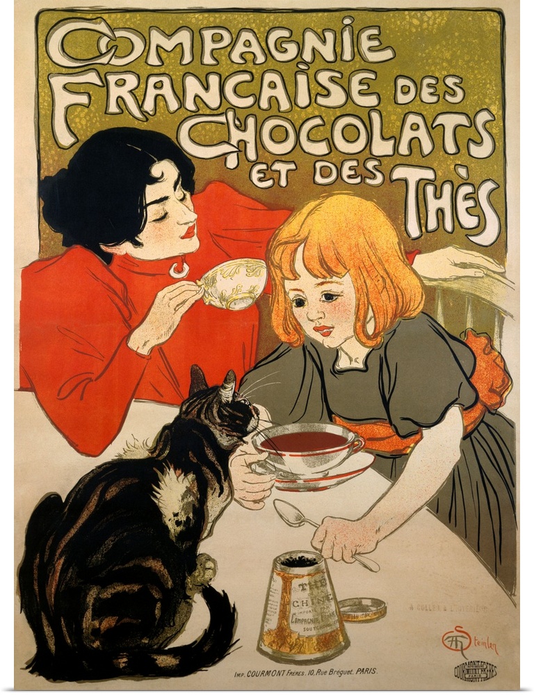 Old advertising poster with a mother and daughter sitting at a table drinking hot chocolate.  There is a cat sitting on to...