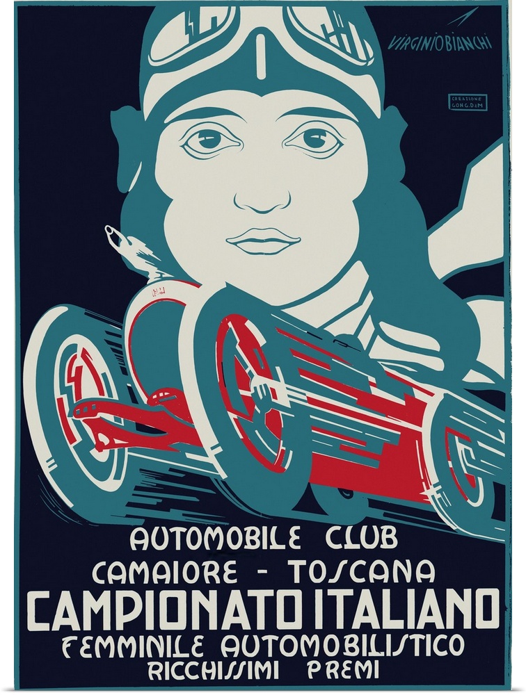 Old advertising print for an automobile club with a racer's headshot and vintage racecar.