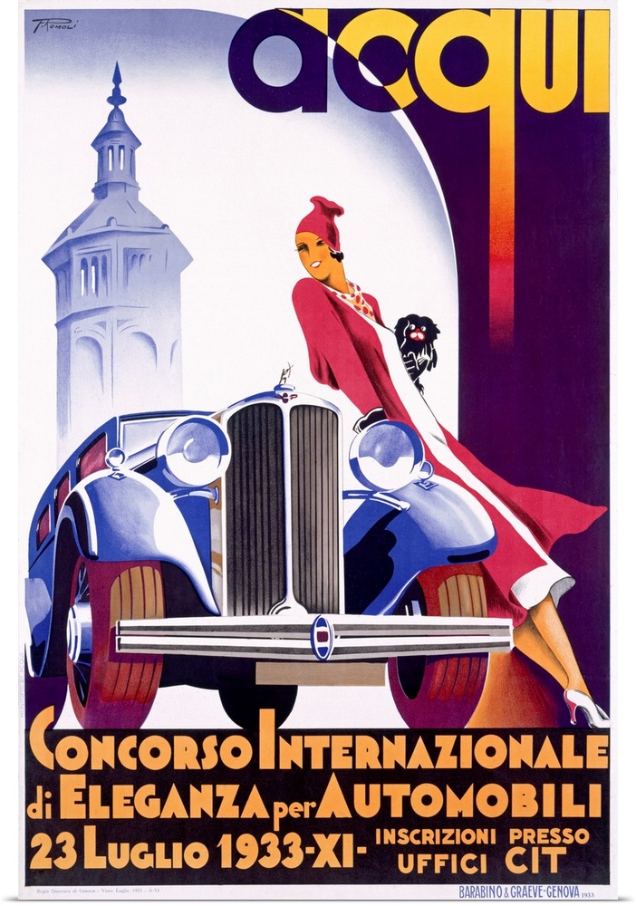 A vintage poster of a tall woman as she leans against a classic car holding her small dog.