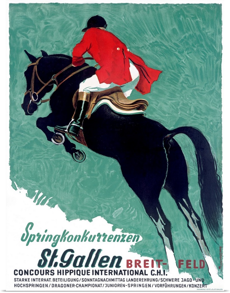 Classic promotional piece for Concours Hippique International in St. Gallen featuring a rider on top of a leaping horse.