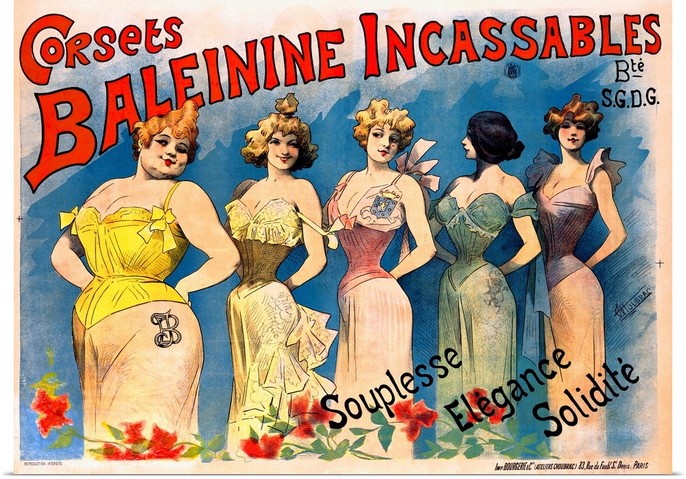 Antique poster print of five painted women in different dresses posing.