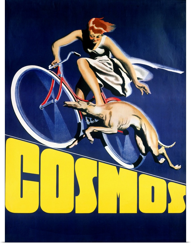 Vertical, vintage advertisement for Cosmos Greyhound Bicycle of a woman in a dress riding a bicycle over the word "COSMOS"...