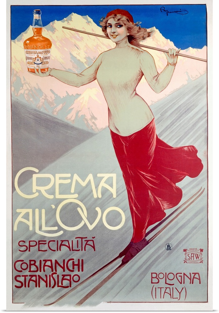 This large vintage poster shows a woman skiing down a mountain while holding out a bottle of liquor. Text in Italian is wr...