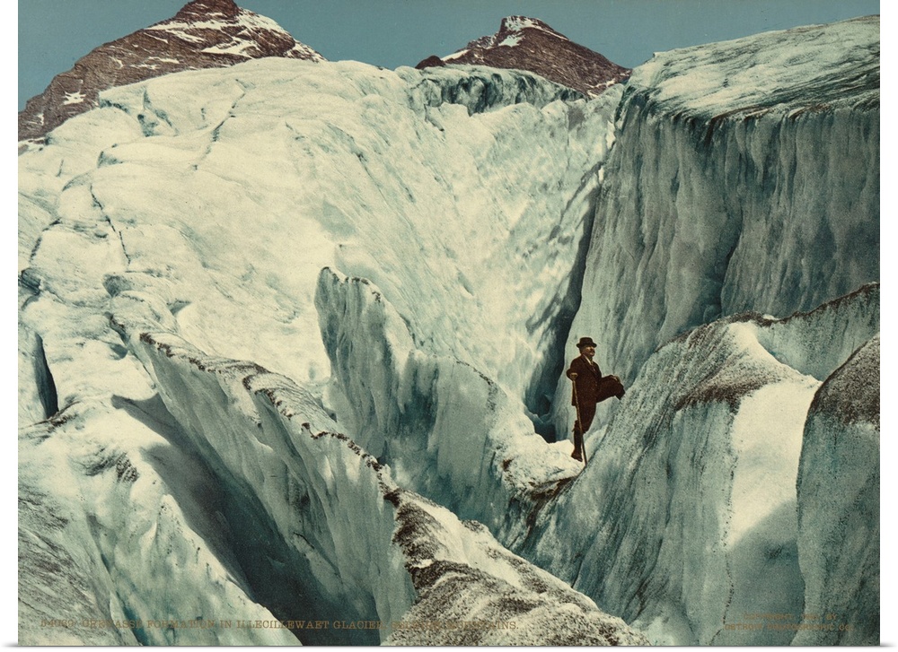 Hand colored photograph of crevasse formation in Illecillewaet glacier, Selkirk Mountain.