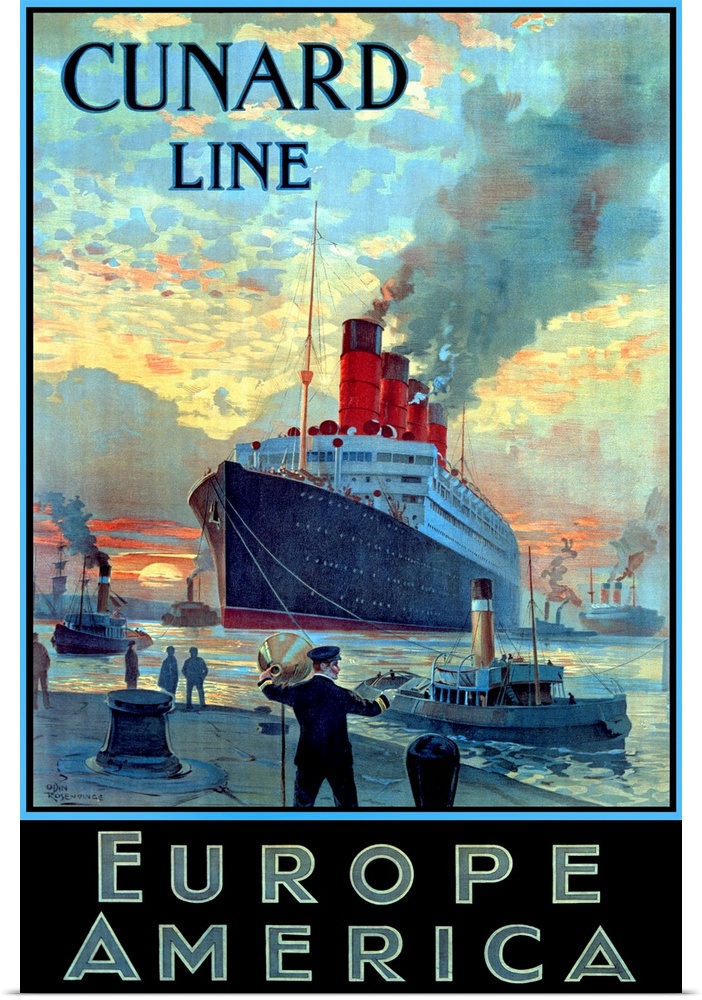 Advertising poster promoting travel by large ship across the Atlantic ocean. The ship arrives at the dock in the morning a...