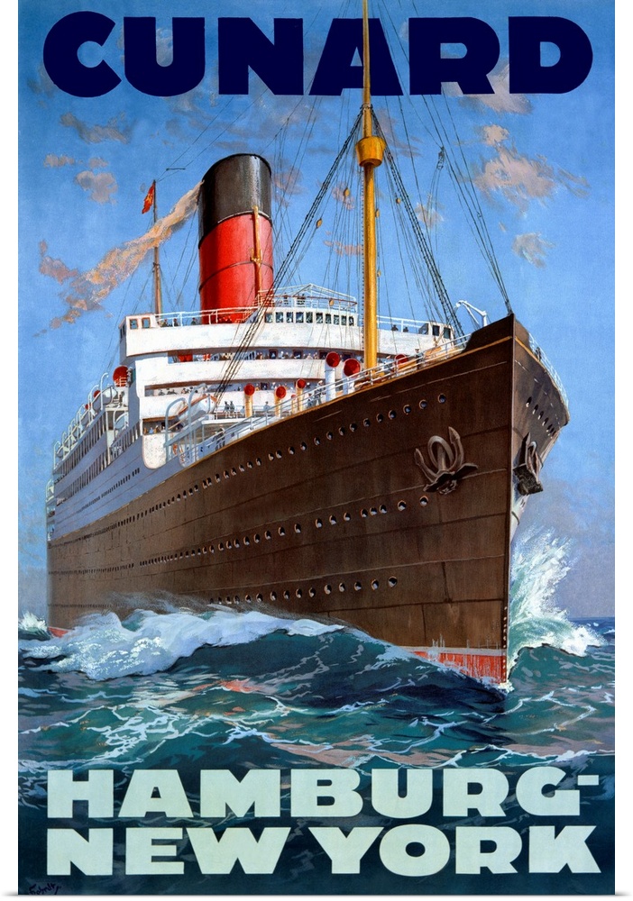 Large, vertical vintage advertisement for the Cunard Line, from Hamburg to New York.  A large ship charges through the wat...