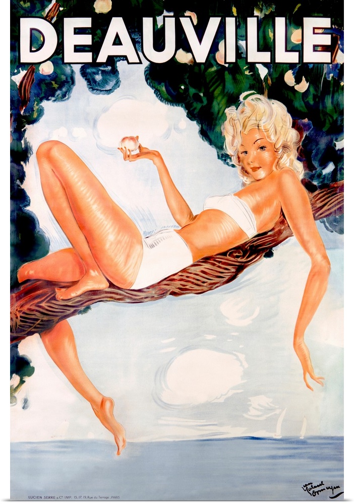 A painting of a blonde bikini wearing pin-up style woman holding fruit while lounging in a tree above the water.