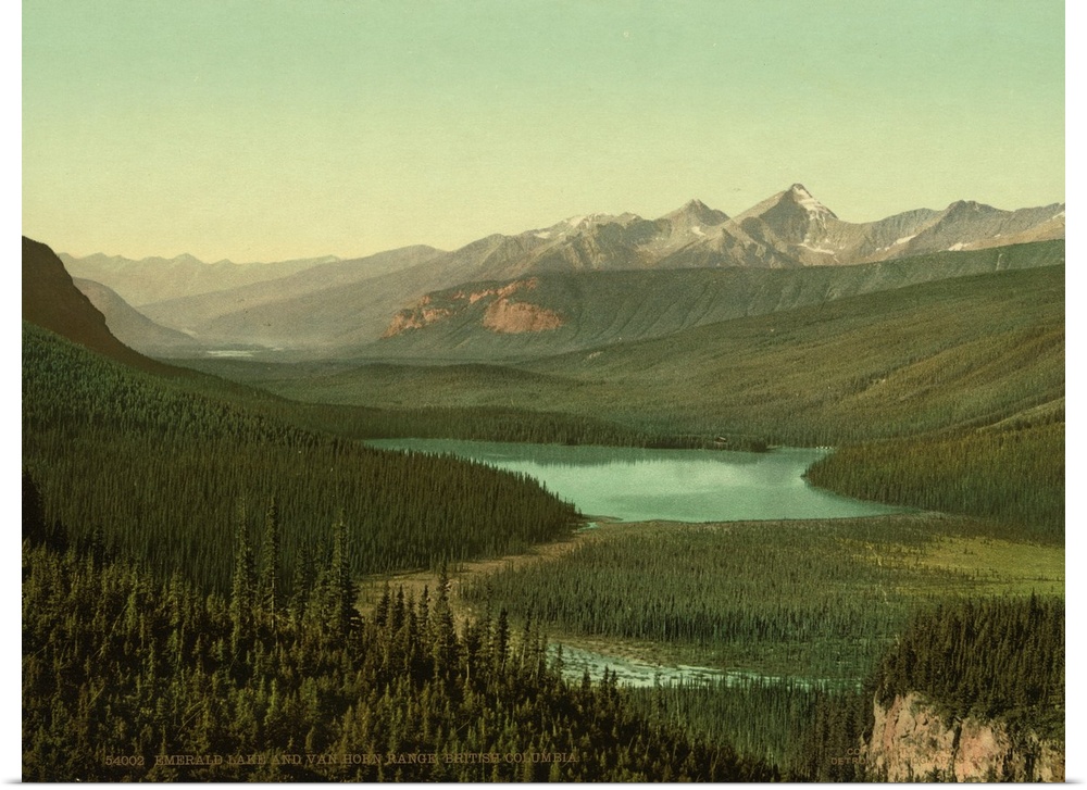 Hand colored photograph of emerald lake and van horn i.e., Horne range, British Columbia.