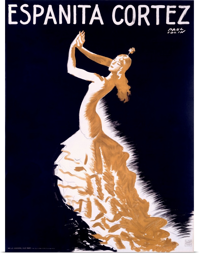 Vintage Art Deco style advertising poster of a woman dancing in a long and flowing dress with a flower in her hair.