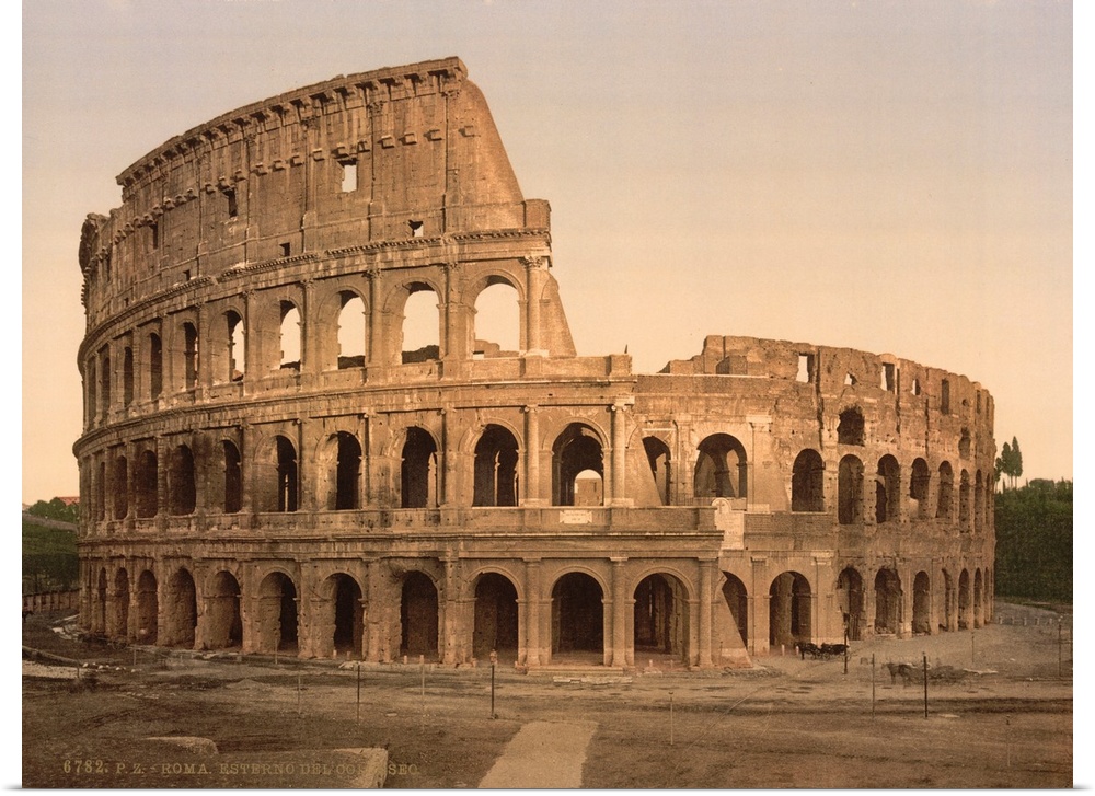 Hand colored photograph of exterior of the coliseum, Rome, Italy.