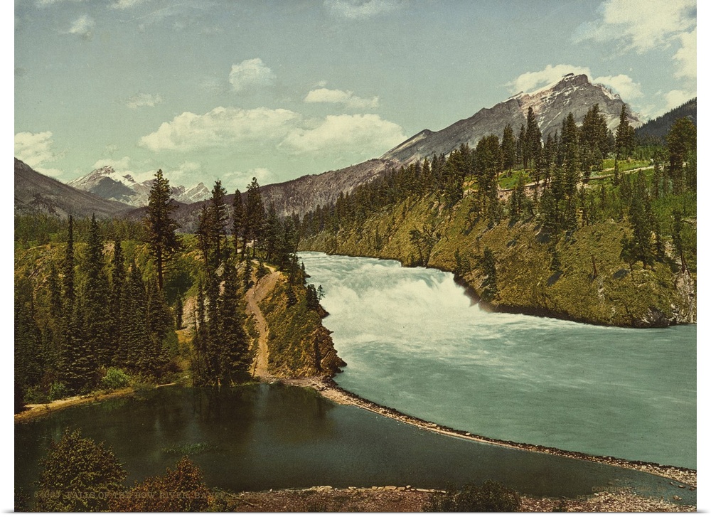 Hand colored photograph of falls of the bow river, Banff, Alberta.